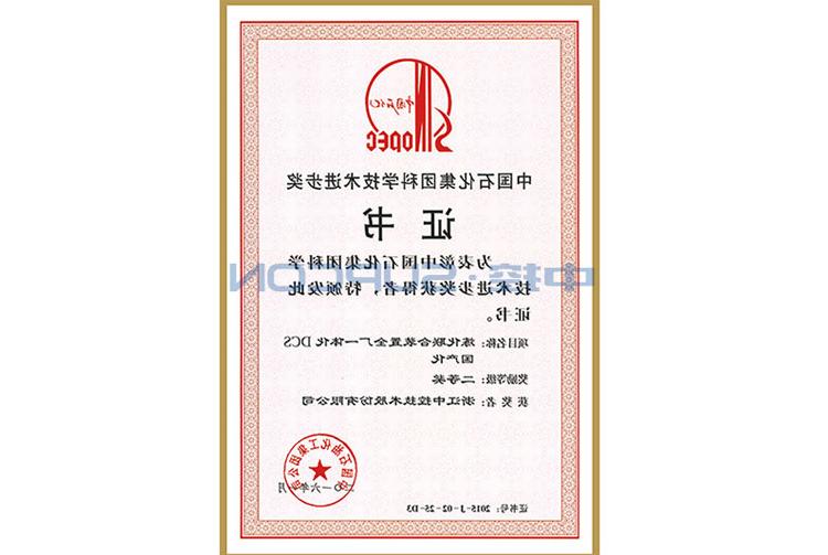 中国石化集团科学技术进步奖二等奖（炼化联合装置全厂一体化DCS国产化）